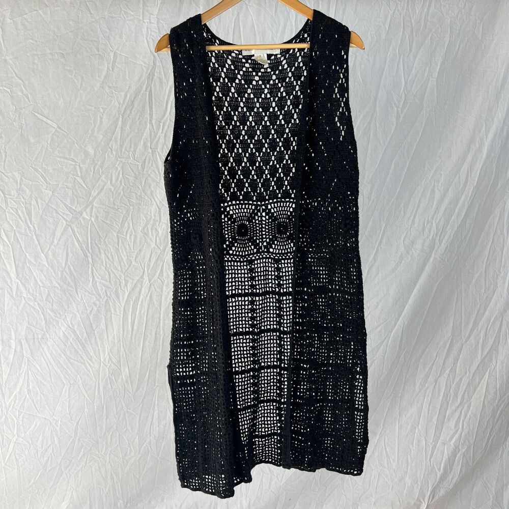 Vtg Bette Paige Black Crochet Long Open Cardigan Boho Festival Size S